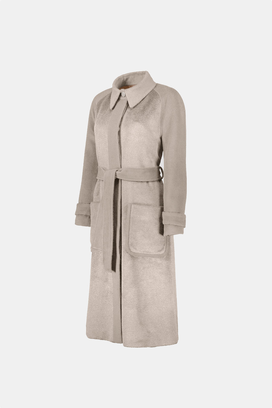 AQVAROSSA Piura trench coat extra fine suri alpaca in sand colour side view